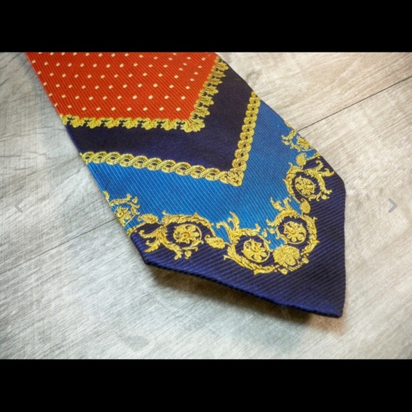 Gianni Versace Vintage Gold Medusa Silk Neck Tie Floral Polka Dot Luxury Italy - Picture 1 of 11